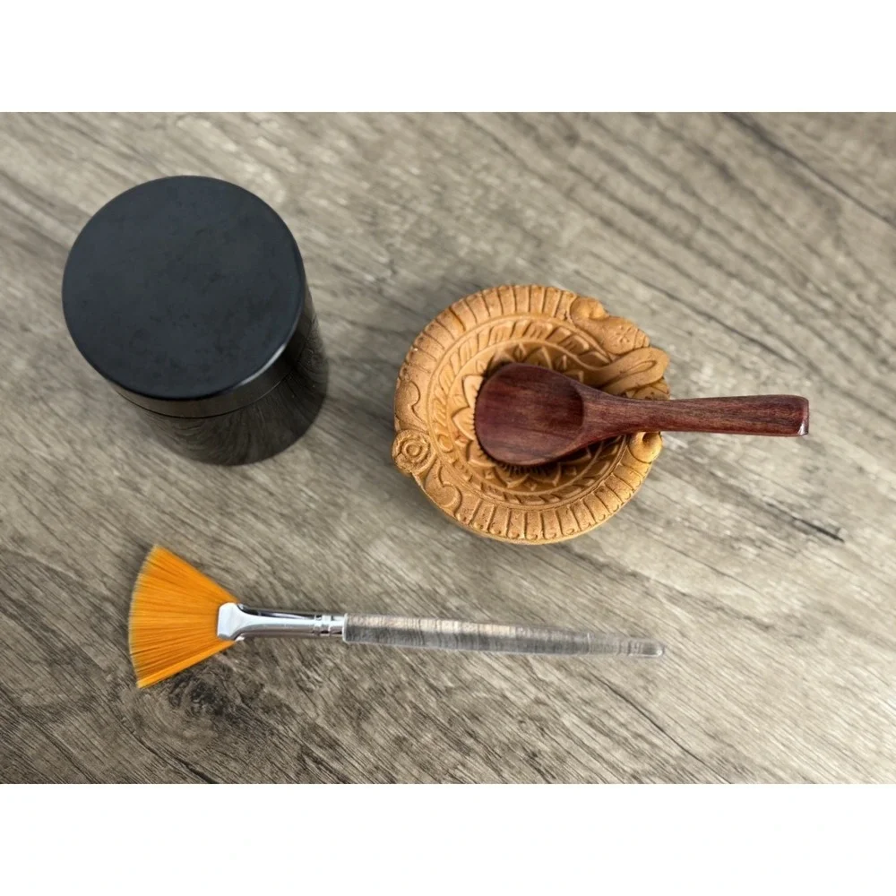 Facial Mask Mixing Set Amber Glass‎ Jar Terracotta Bowl Wooden Spoon Fan Brush